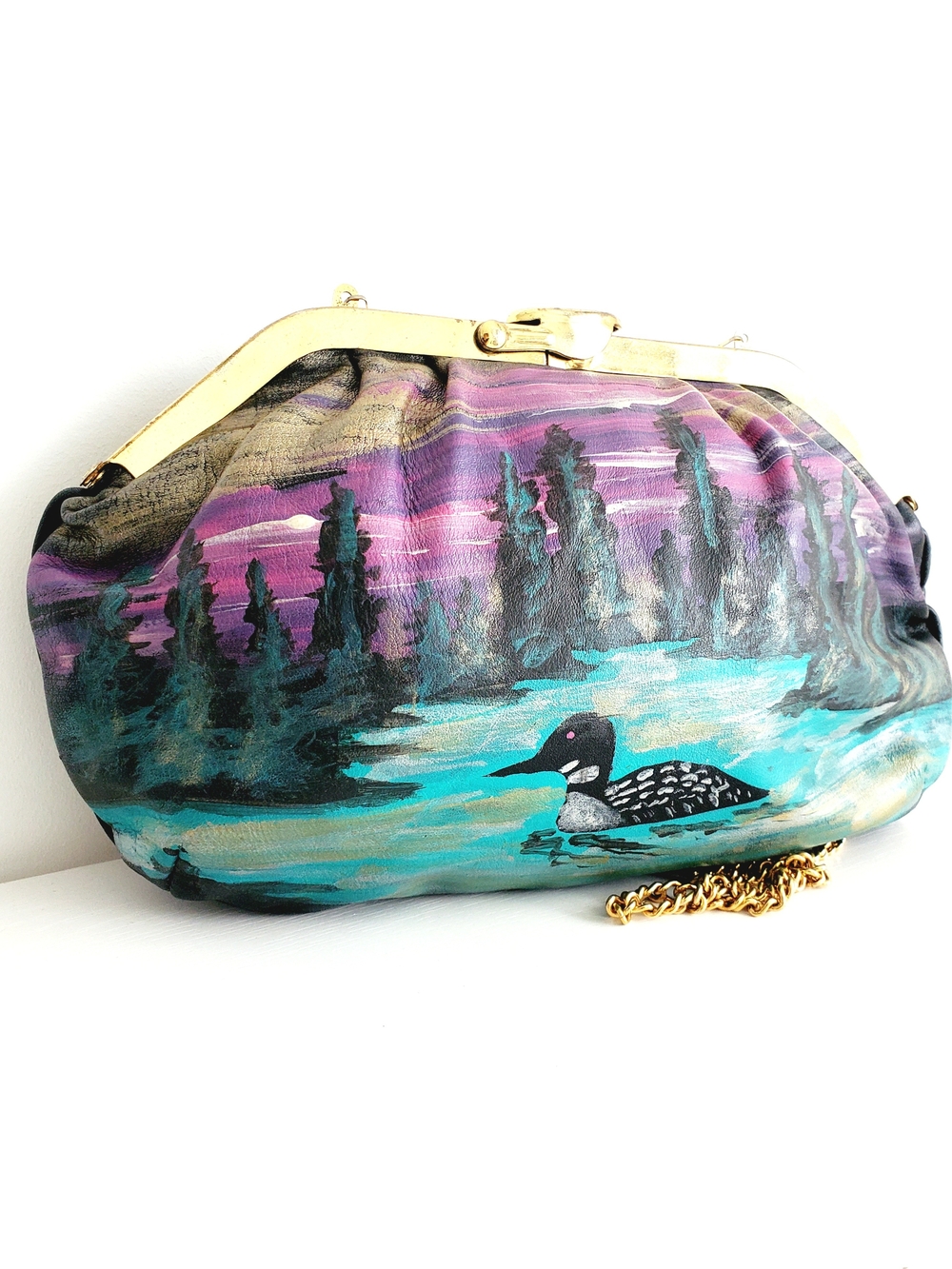 VTG Leather by Mann Hand Painted Loon Purse Signed WW